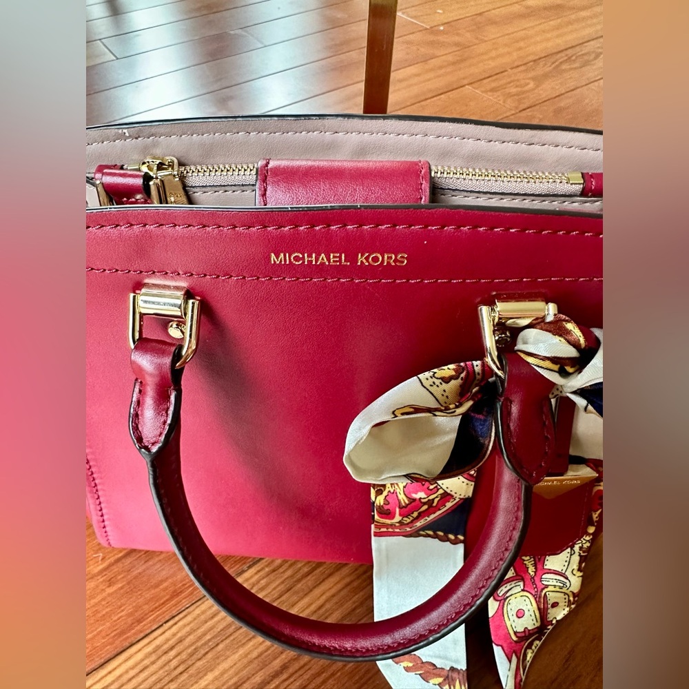 Michael Kors Deep Red Leather Satchel with Scarf and detachable Crossbody Strap. - Picture 10 of 11